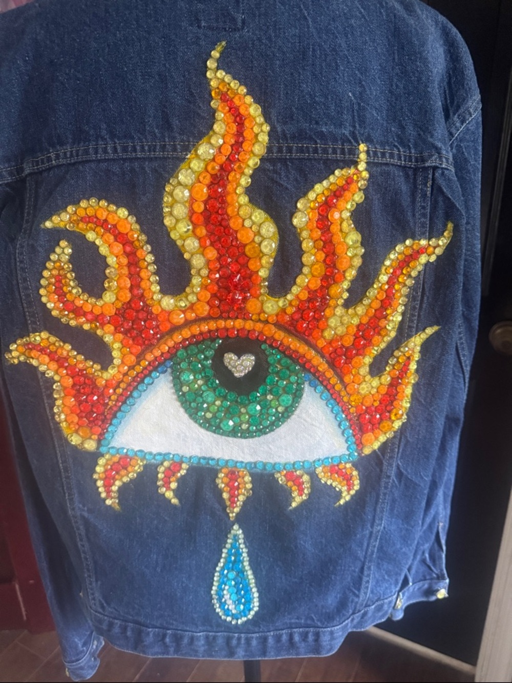 Embellished Denim Jacket with Sequin Eye & Flames 🔥 🧿